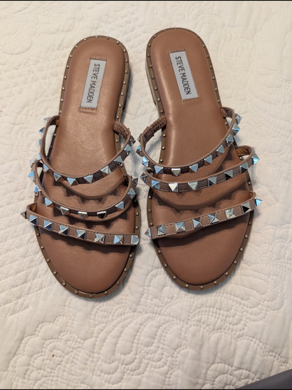 Steve Madden Tan Studded Triple-Strap Slide Sandals